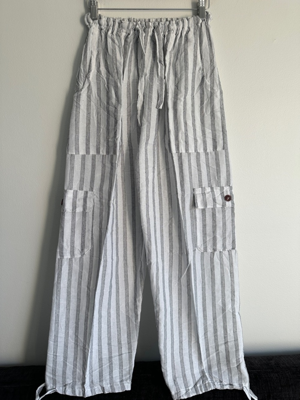 Peru/Ecuador‎ Handmade Cotton Boho Striped White Gray Unisex Pants Joggers Large
